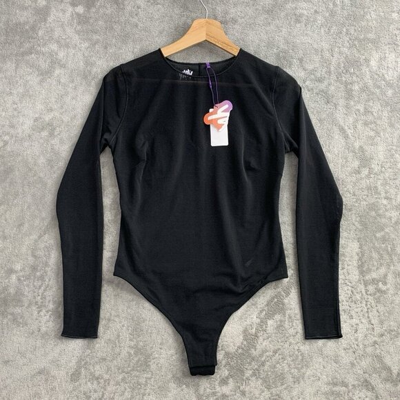 Yitty Bodysuit Womens Medium Mesh Me Smoothing Sleeved Thong Suit Black Top - Picture 1 of 12